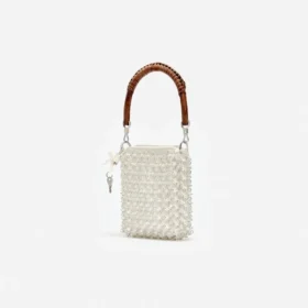 Cream Crystal Chain Mini Tote Bag
