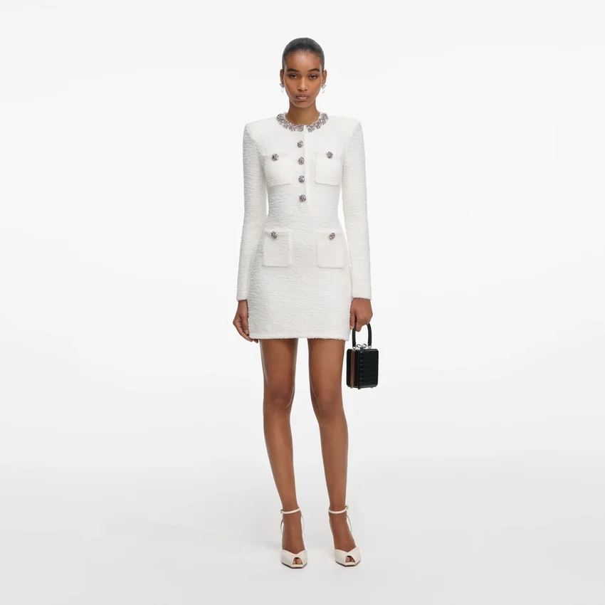 Cream Crystal Trim Knit Mini Dress Cream Crystal Trim Knit Mini Dress
