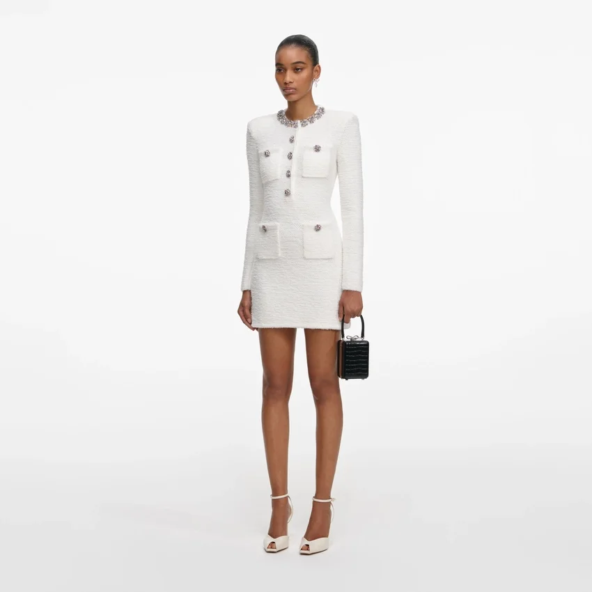 Cream Crystal Trim Knit Mini Dress Cream Crystal Trim Knit Mini Dress