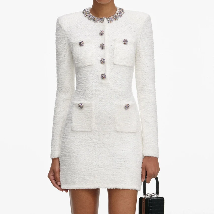 Cream Crystal Trim Knit Mini Dress Cream Crystal Trim Knit Mini Dress