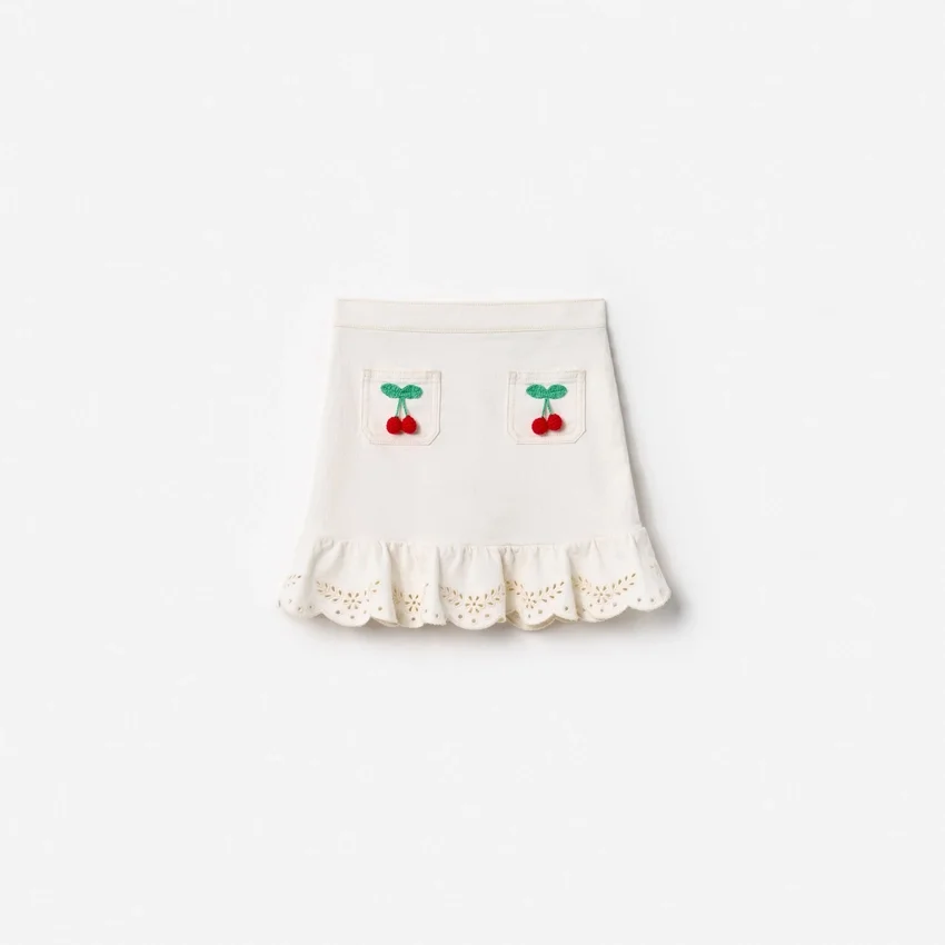 Cream Denim Cherry Motif Skirt Cream Denim Cherry Motif Skirt