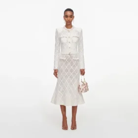 Cream Fringe Knit Midi Skirt
