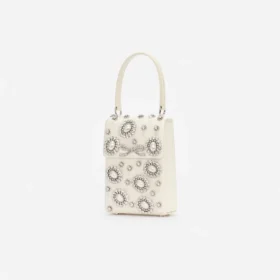Cream Satin Crystal Mini Bow Bag