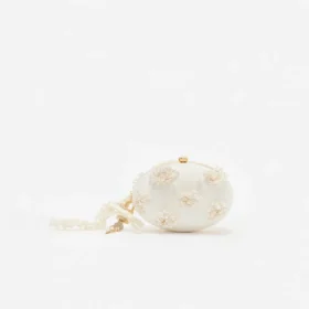 Cream Satin Floral Beaded Oval Clutch