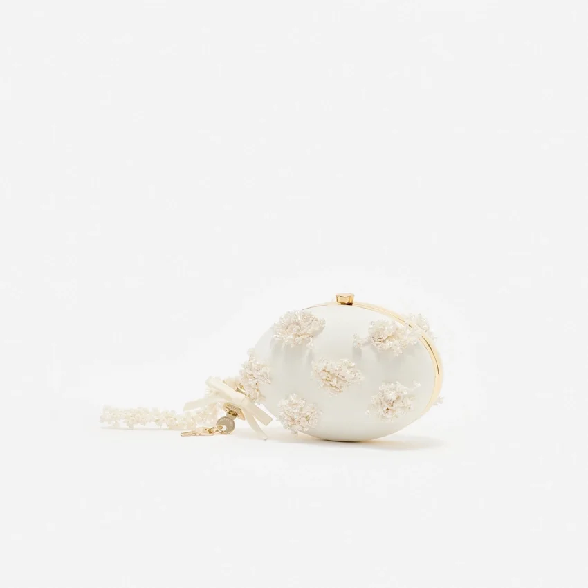 Cream Satin Floral Beaded Oval Clutch Cream Satin Floral Beaded Oval Clutch