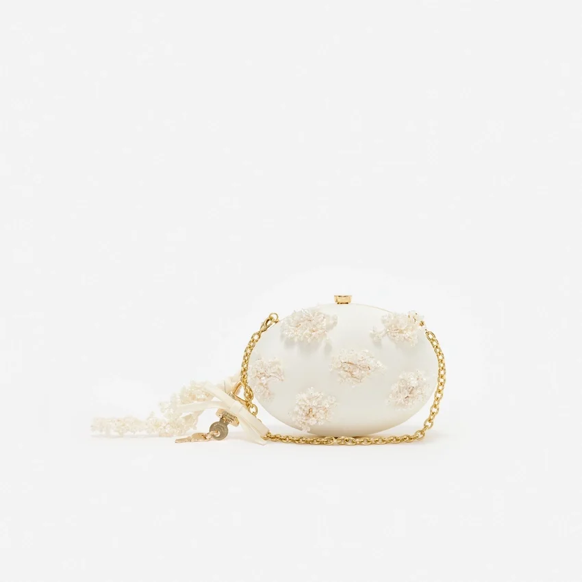 Cream Satin Floral Beaded Oval Clutch Cream Satin Floral Beaded Oval Clutch