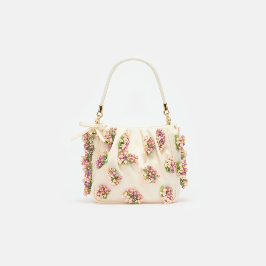 Cream Satin Floral Beaded Tote Bag Cream Satin Floral Beaded Tote Bag