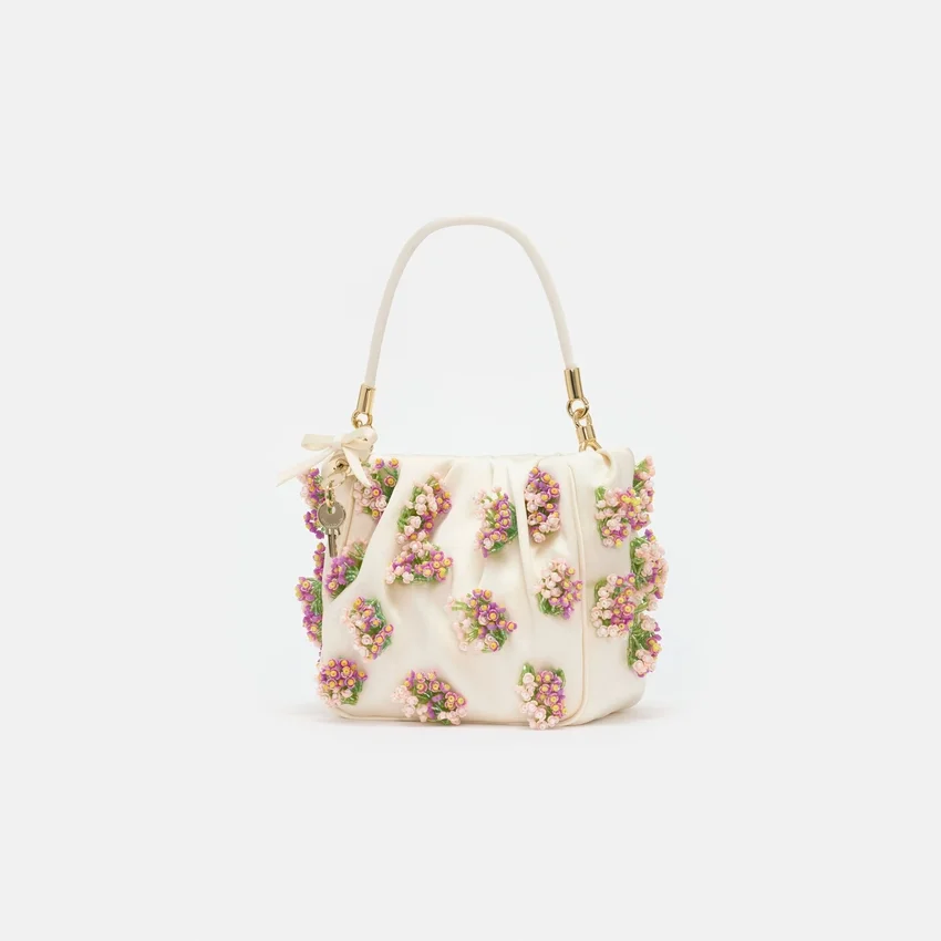 Cream Satin Floral Beaded Tote Bag Cream Satin Floral Beaded Tote Bag