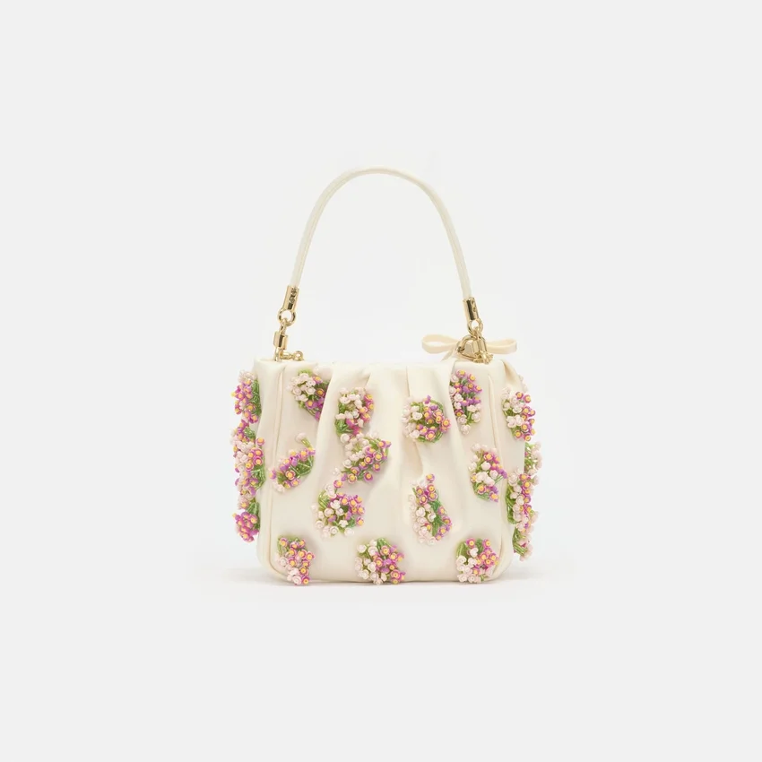 Cream Satin Floral Beaded Tote Bag Cream Satin Floral Beaded Tote Bag