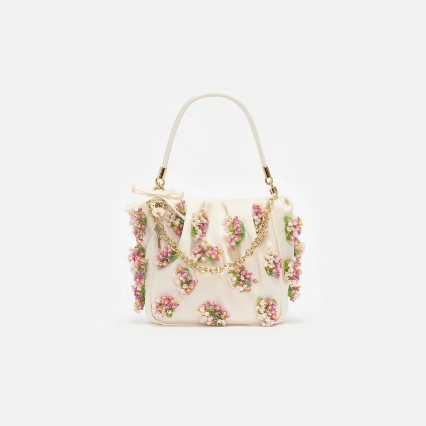 Cream Satin Floral Beaded Tote Bag Cream Satin Floral Beaded Tote Bag