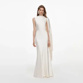 Cream Satin Fringed Maxi Dress
