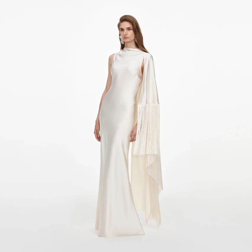 Cream Satin Fringed Maxi Dress Cream Satin Fringed Maxi Dress