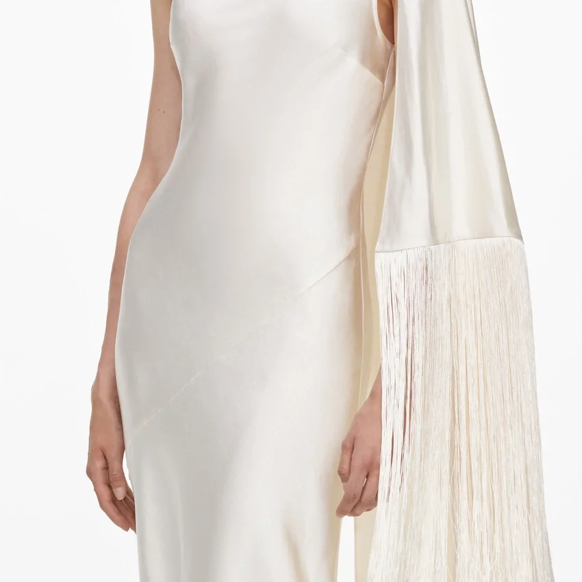 Cream Satin Fringed Maxi Dress Cream Satin Fringed Maxi Dress
