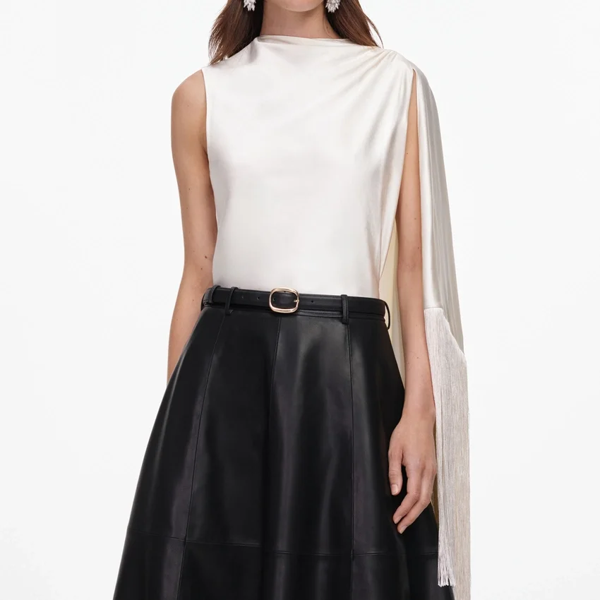 Cream Satin Fringed Scarf Top Cream Satin Fringed Scarf Top
