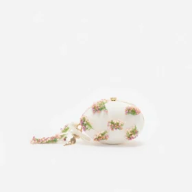 Cream Satin Pink Floral Beaded Oval Clutch
