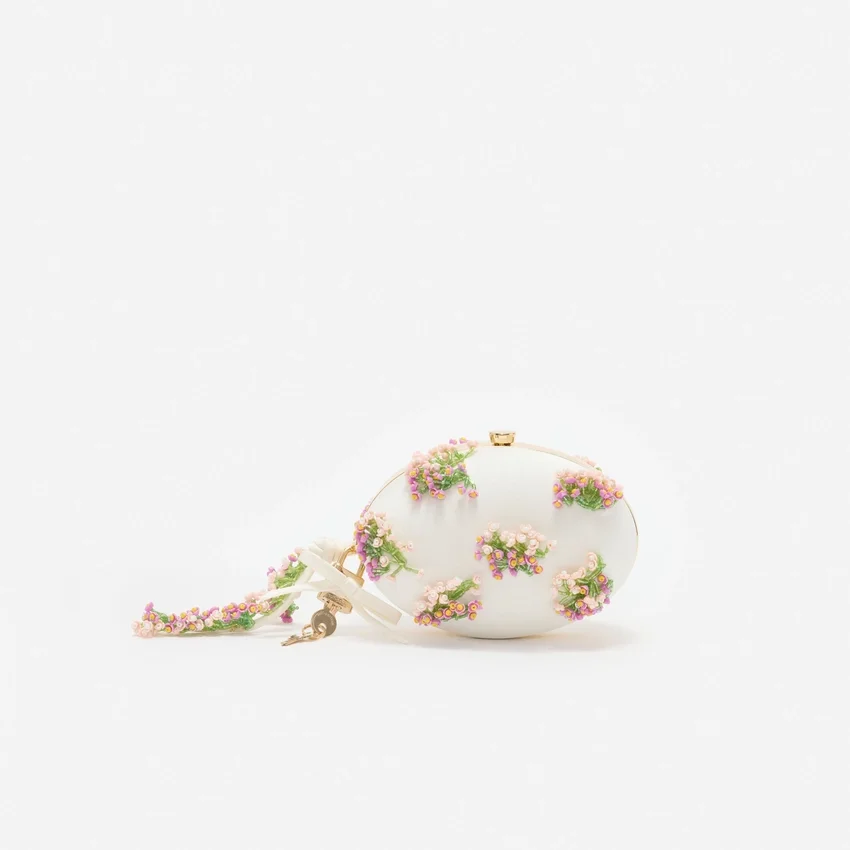 Cream Satin Pink Floral Beaded Oval Clutch Cream Satin Pink Floral Beaded Oval Clutch