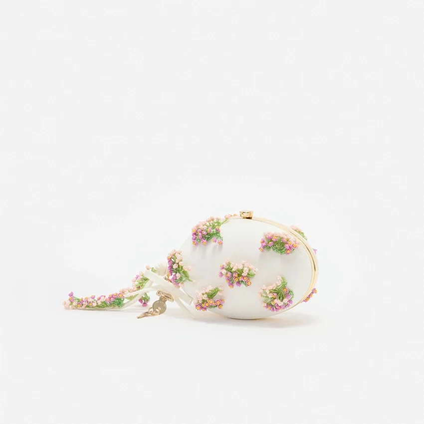 Cream Satin Pink Floral Beaded Oval Clutch Cream Satin Pink Floral Beaded Oval Clutch