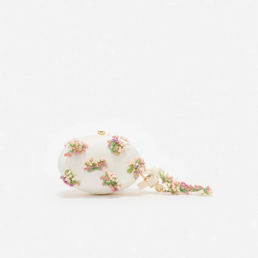 Cream Satin Pink Floral Beaded Oval Clutch Cream Satin Pink Floral Beaded Oval Clutch