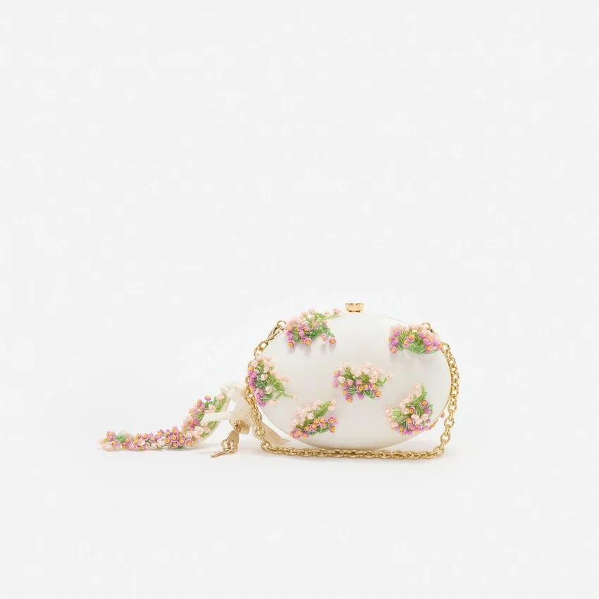 Cream Satin Pink Floral Beaded Oval Clutch Cream Satin Pink Floral Beaded Oval Clutch