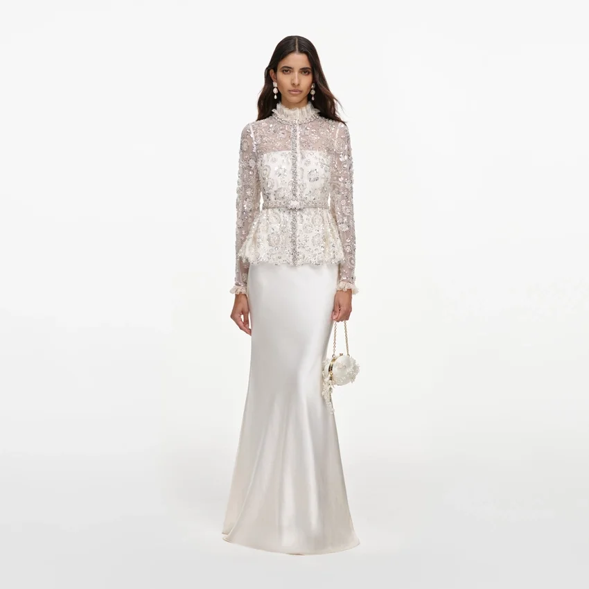 Cream Sequin Embellished Satin Maxi Dress Cream Sequin Embellished Satin Maxi Dress