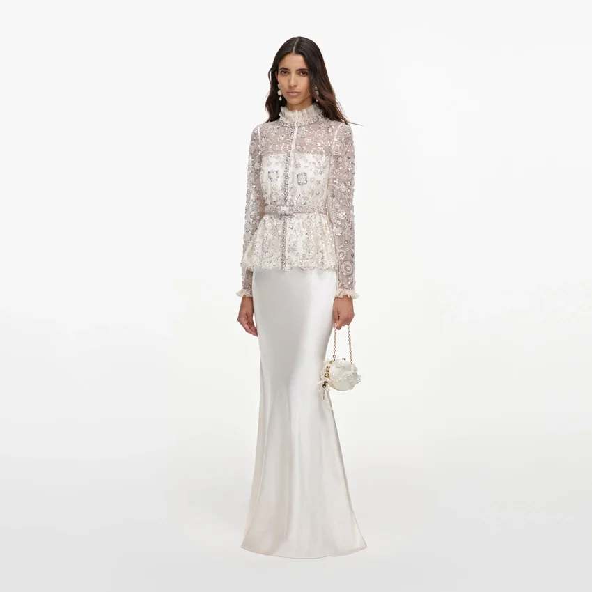 Cream Sequin Embellished Satin Maxi Dress Cream Sequin Embellished Satin Maxi Dress