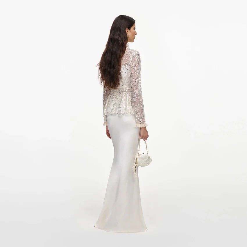 Cream Sequin Embellished Satin Maxi Dress Cream Sequin Embellished Satin Maxi Dress