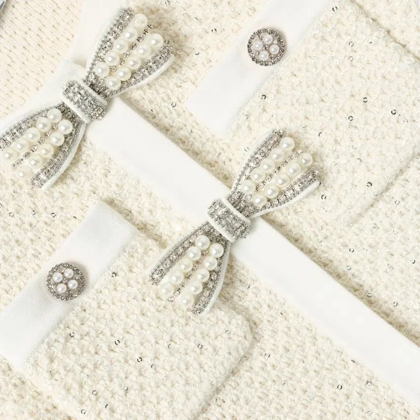 Cream Sequin Knit Bow Trim Dress Cream Sequin Knit Bow Trim Dress
