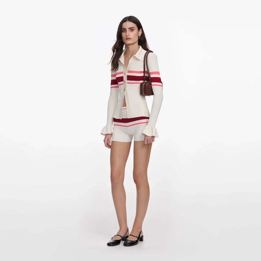 Cream Stripe Viscose Knit Button Top Cream Stripe Viscose Knit Button Top