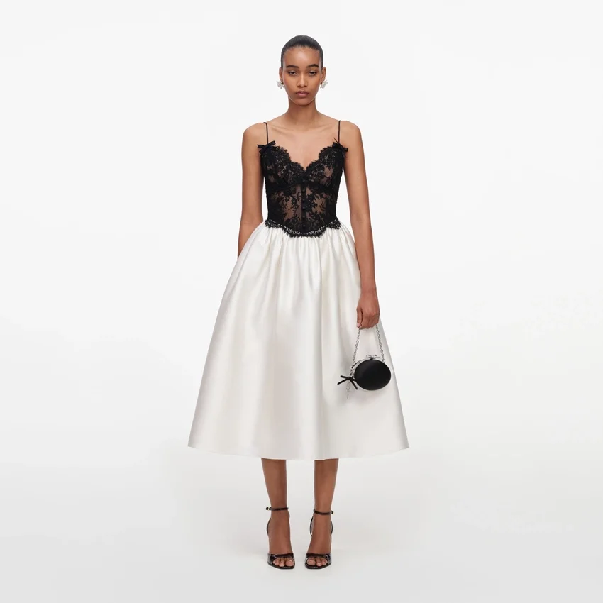 Cream Taffeta Contrast Lace Midi Dress Cream Taffeta Contrast Lace Midi Dress