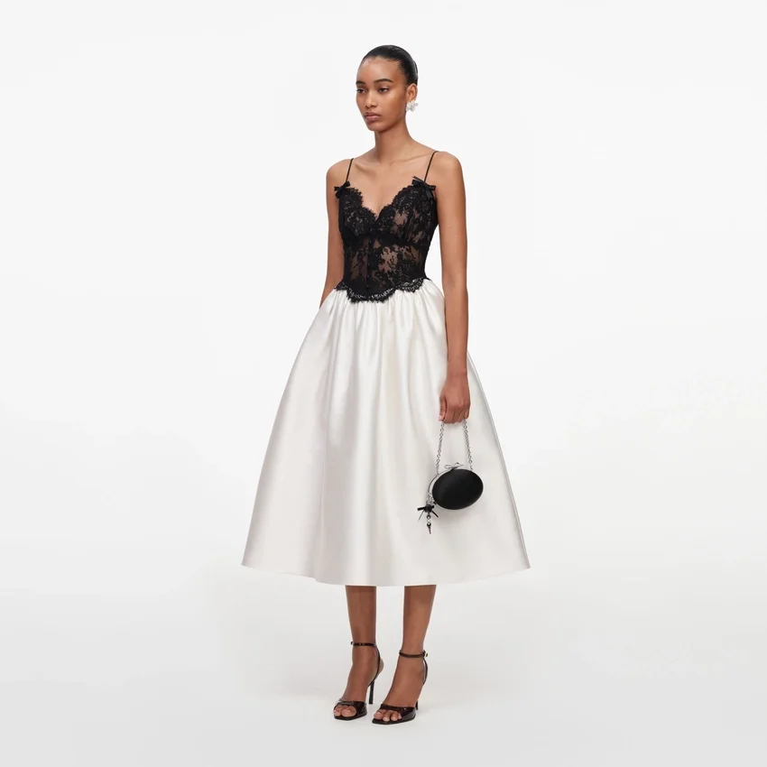 Cream Taffeta Contrast Lace Midi Dress Cream Taffeta Contrast Lace Midi Dress