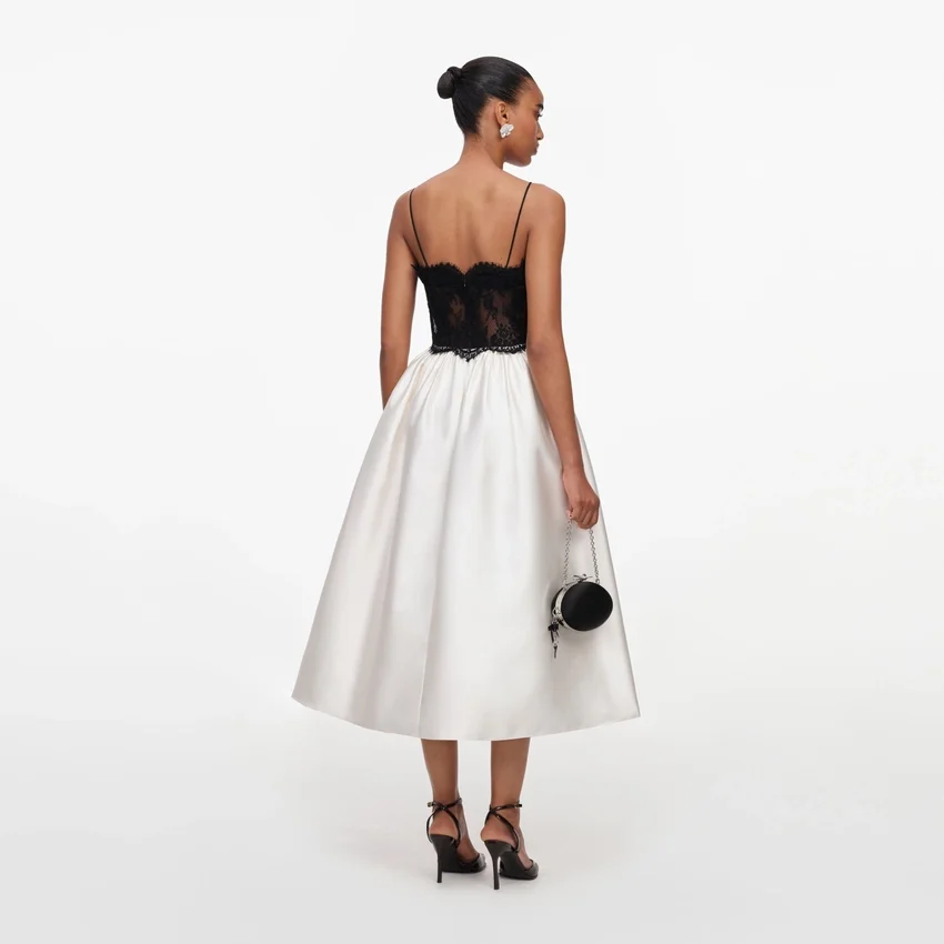 Cream Taffeta Contrast Lace Midi Dress Cream Taffeta Contrast Lace Midi Dress