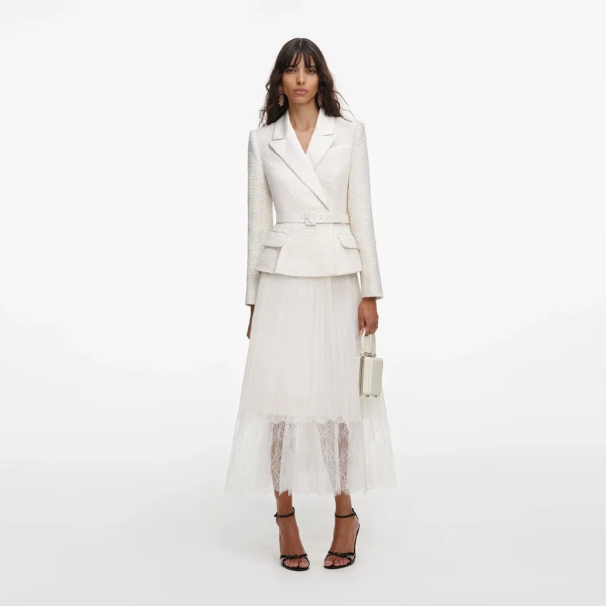 Cream Tailored Bouclé And Chiffon Midi Dress Cream Tailored Bouclé And Chiffon Midi Dress