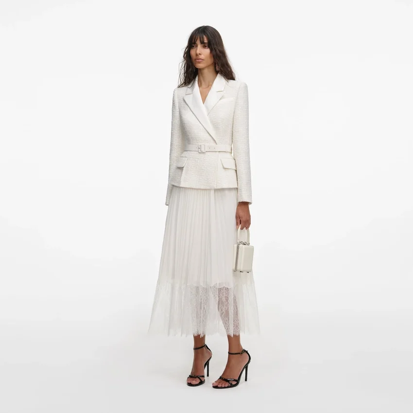 Cream Tailored Bouclé And Chiffon Midi Dress Cream Tailored Bouclé And Chiffon Midi Dress