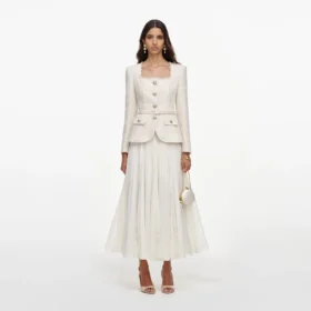 Cream Tailored Boucle And Chiffon Midi Dress