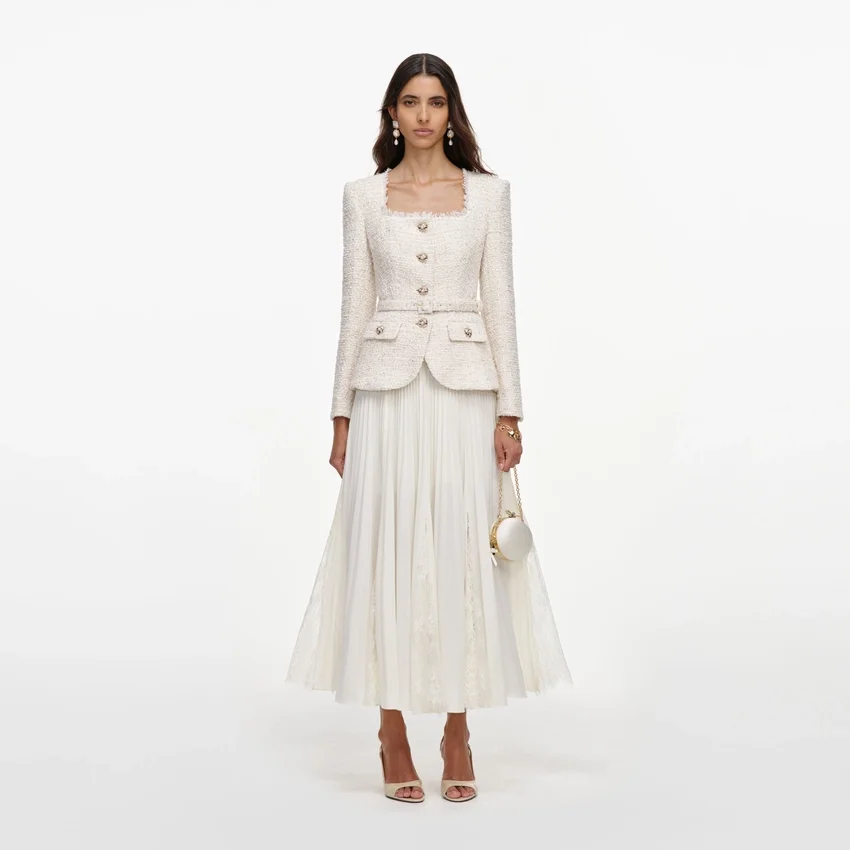 Cream Tailored Boucle And Chiffon Midi Dress Cream Tailored Boucle And Chiffon Midi Dress