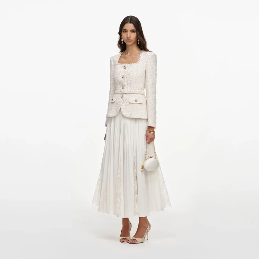 Cream Tailored Boucle And Chiffon Midi Dress Cream Tailored Boucle And Chiffon Midi Dress