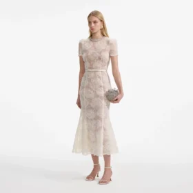 Cream Tulle Lace Midi Dress