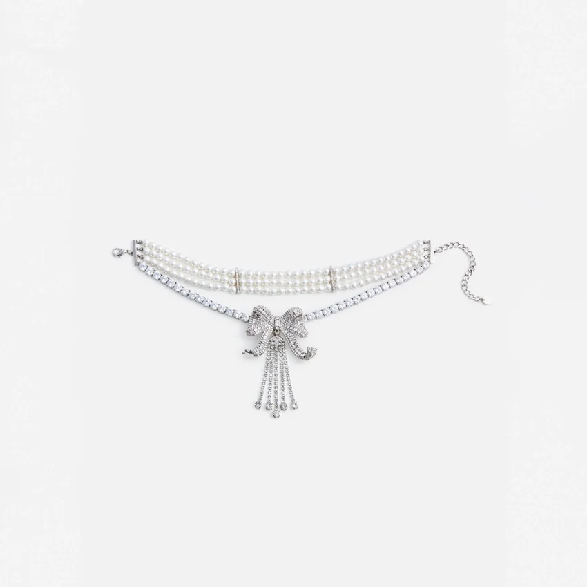 Crystal Bow Droplet Pearl Necklace Crystal Bow Droplet Pearl Necklace