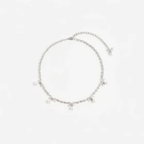 Crystal Bow Pearl Charm Necklace