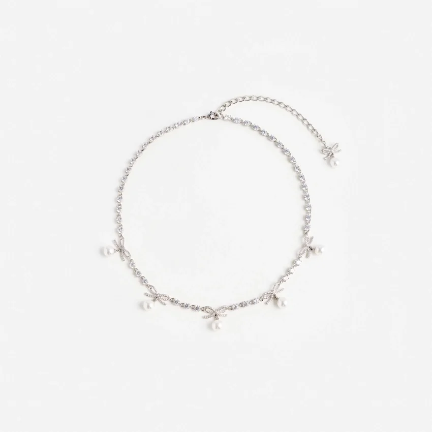 Crystal Bow Pearl Charm Necklace Crystal Bow Pearl Charm Necklace