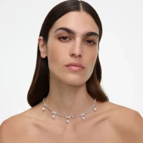 Crystal Bow Pearl Charm Necklace