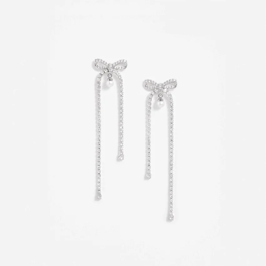 Crystal Bow Pearl Dangle Earrings Crystal Bow Pearl Dangle Earrings