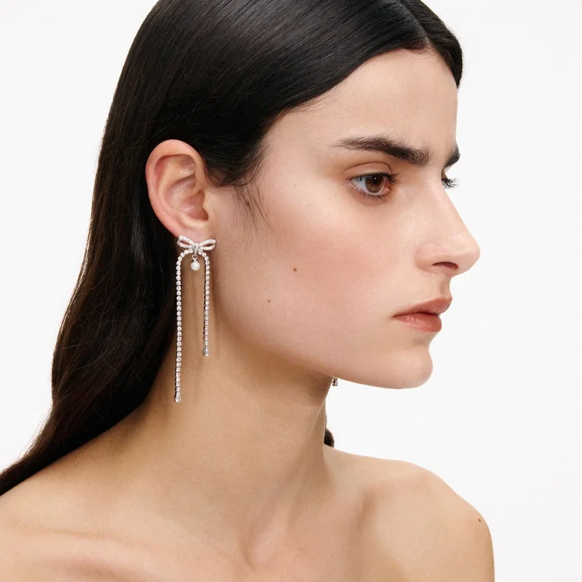 Crystal Bow Pearl Dangle Earrings Crystal Bow Pearl Dangle Earrings