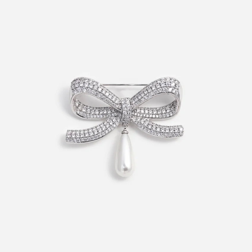 Crystal Bow Pearl Droplet Brooch Crystal Bow Pearl Droplet Brooch