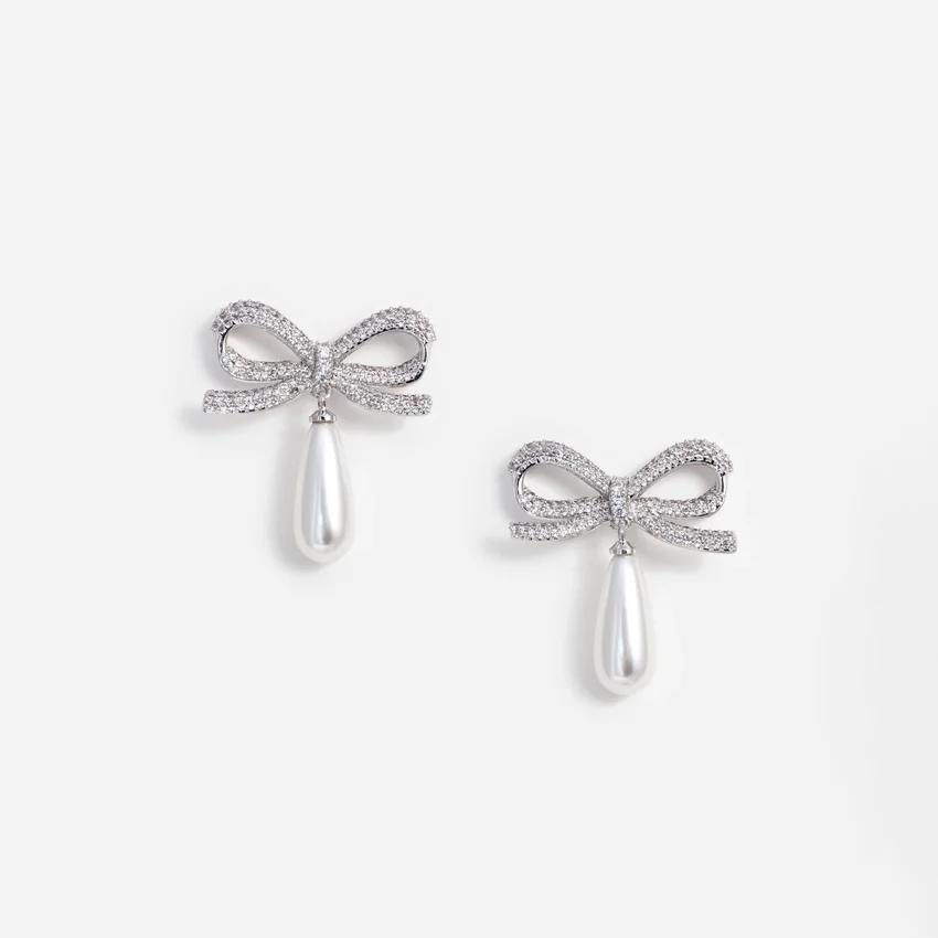 Crystal Bow Pearl Droplet Earrings Crystal Bow Pearl Droplet Earrings