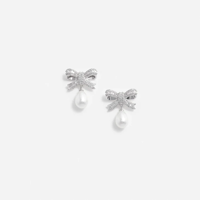 Crystal Bow Pearl Droplet Earrings Crystal Bow Pearl Droplet Earrings