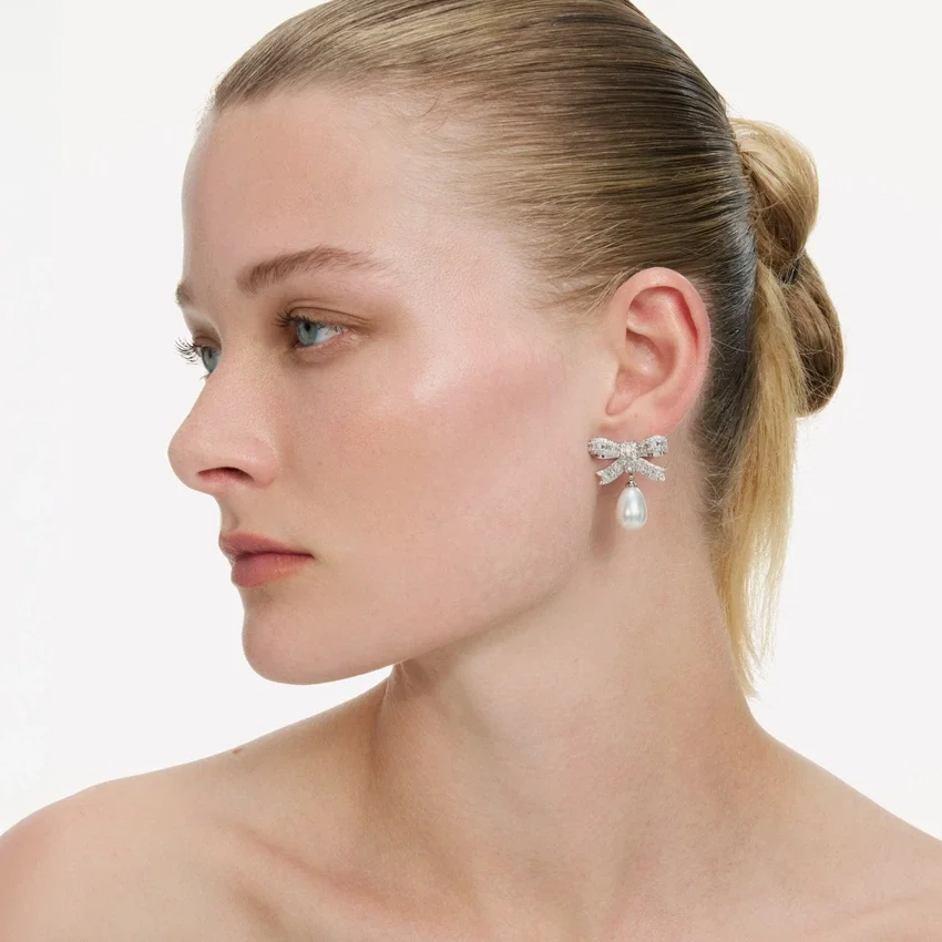 Crystal Bow Pearl Droplet Earrings Crystal Bow Pearl Droplet Earrings