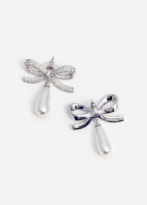 Crystal Bow Pearl Droplet Earrings Crystal Bow Pearl Droplet Earrings
