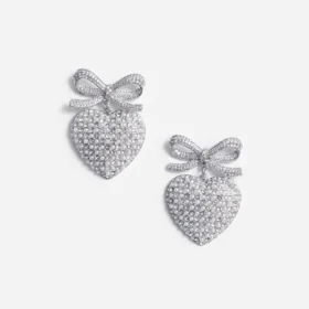 Crystal Bow Pearl Heart Earrings