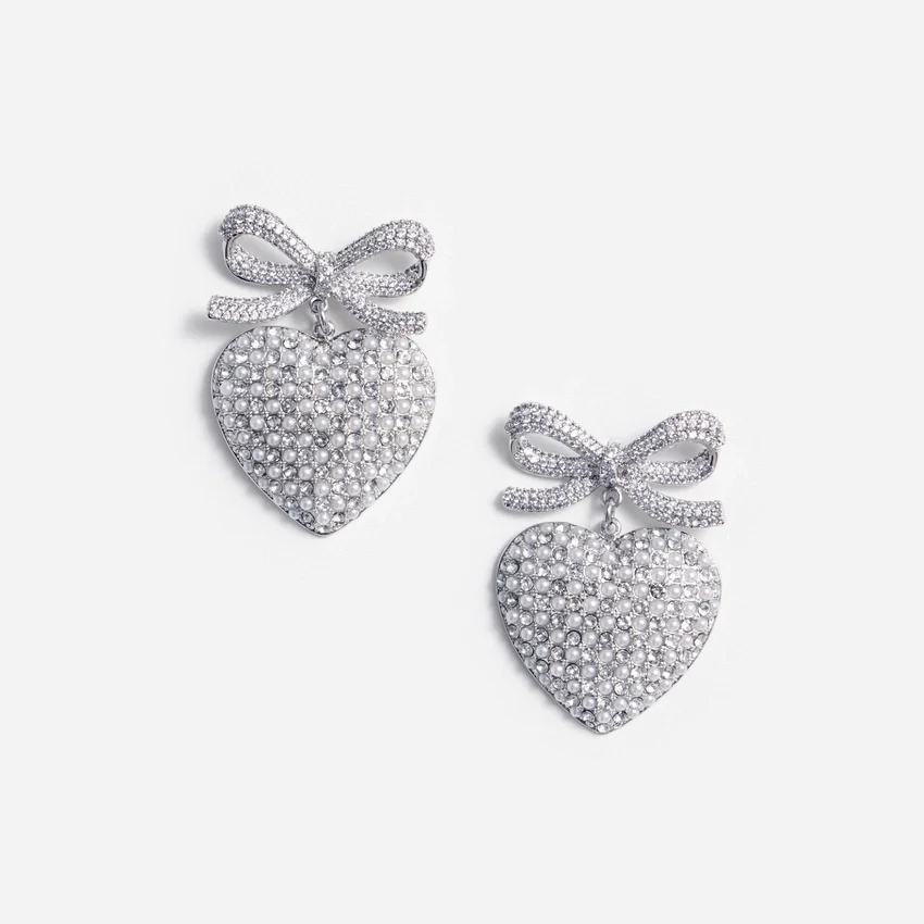 Crystal Bow Pearl Heart Earrings Crystal Bow Pearl Heart Earrings